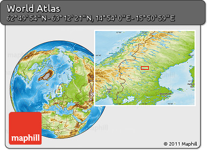 Physical Location Map of the Area around 63° 1' 7" N, 15° 22' 30" E