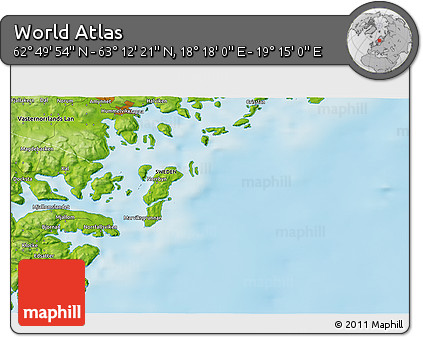 Physical 3D Map of the Area around 63° 1' 7" N, 18° 46' 29" E