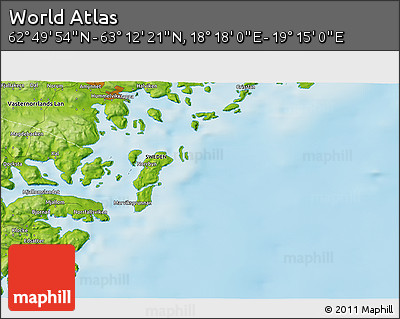 Physical 3D Map of the Area around 63° 1' 7" N, 18° 46' 29" E