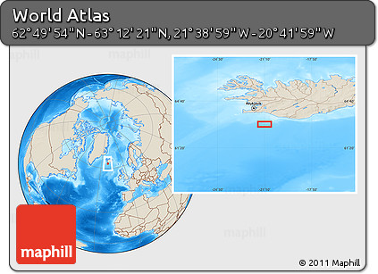Shaded Relief Location Map of the Area around 63° 1' 7" N, 21° 10' 29" W