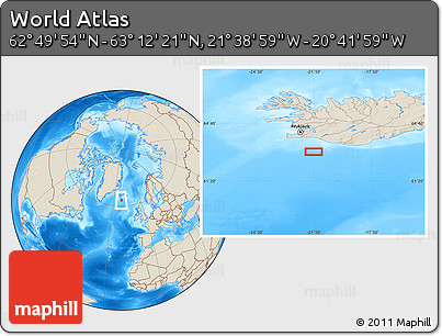 Shaded Relief Location Map of the Area around 63° 1' 7" N, 21° 10' 29" W