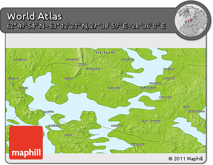 Physical 3D Map of the Area around 63° 1' 7" N, 28° 7' 30" E