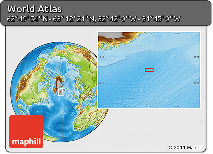 Physical Location Map of the Area around 63° 1' 7" N, 32° 13' 30" W