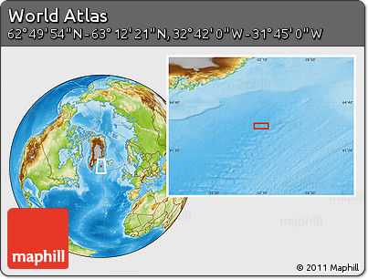 Physical Location Map of the Area around 63° 1' 7" N, 32° 13' 30" W