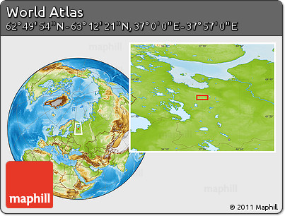 Physical Location Map of the Area around 63° 1' 7" N, 37° 28' 30" E