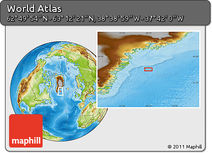 Physical Location Map of the Area around 63° 1' 7" N, 38° 10' 29" W