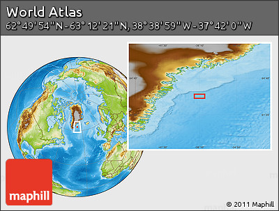 Physical Location Map of the Area around 63° 1' 7" N, 38° 10' 29" W