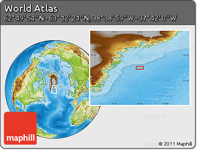 Physical Location Map of the Area around 63° 1' 7" N, 38° 10' 29" W