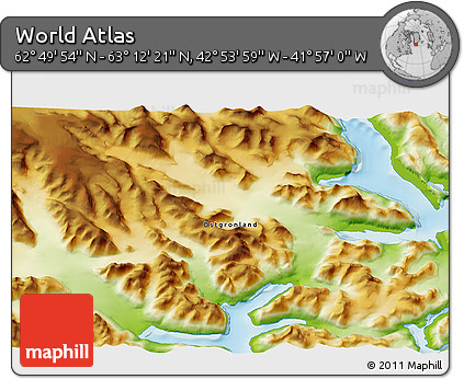 Physical 3D Map of the Area around 63° 1' 7" N, 42° 25' 29" W