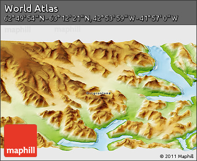 Physical 3D Map of the Area around 63° 1' 7" N, 42° 25' 29" W