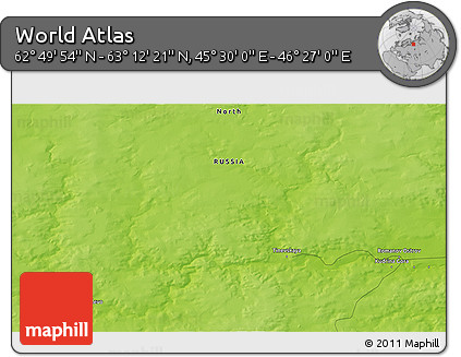 Physical 3D Map of the Area around 63° 1' 7" N, 45° 58' 30" E