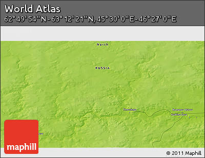 Physical 3D Map of the Area around 63° 1' 7" N, 45° 58' 30" E