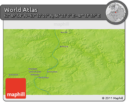 Physical 3D Map of the Area around 63° 1' 7" N, 46° 49' 30" E