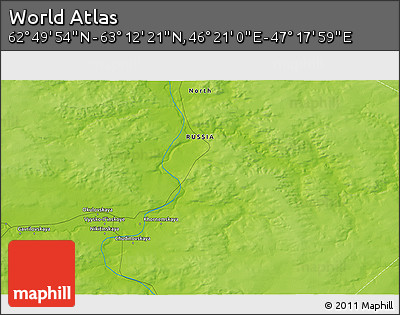 Physical 3D Map of the Area around 63° 1' 7" N, 46° 49' 30" E
