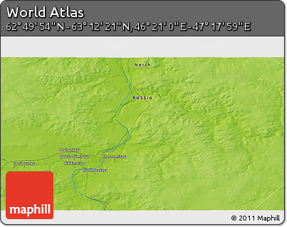 Physical 3D Map of the Area around 63° 1' 7" N, 46° 49' 30" E