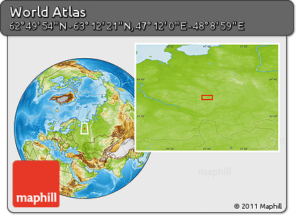 Physical Location Map of the Area around 63° 1' 7" N, 47° 40' 29" E