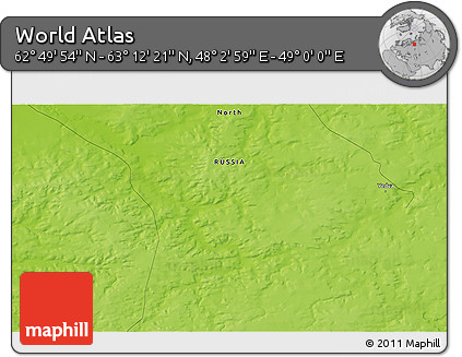 Physical 3D Map of the Area around 63° 1' 7" N, 48° 31' 29" E