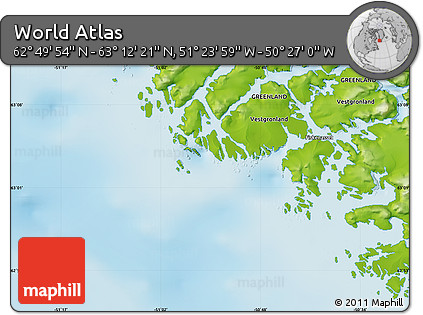 Physical Map of the Area around 63° 1' 7" N, 50° 55' 29" W