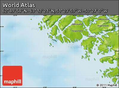 Physical Map of the Area around 63° 1' 7" N, 50° 55' 29" W