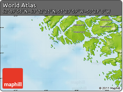 Physical Map of the Area around 63° 1' 7" N, 50° 55' 29" W