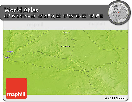 Physical 3D Map of the Area around 63° 1' 7" N, 52° 46' 29" E