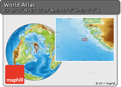 Physical Location Map of the Area around 63° 1' 7" N, 53° 28' 30" W