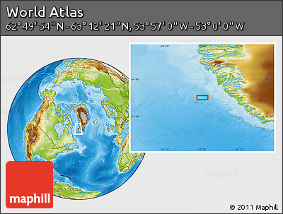 Physical Location Map of the Area around 63° 1' 7" N, 53° 28' 30" W