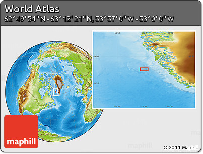 Physical Location Map of the Area around 63° 1' 7" N, 53° 28' 30" W