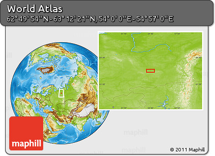 Physical Location Map of the Area around 63° 1' 7" N, 54° 28' 30" E