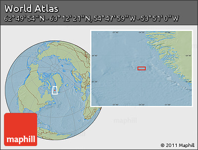 Savanna Style Location Map of the Area around 63° 1' 7" N, 54° 19' 30" W, hill shading