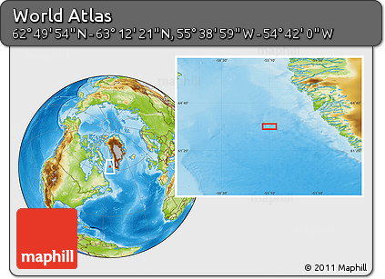 Physical Location Map of the Area around 63° 1' 7" N, 55° 10' 29" W