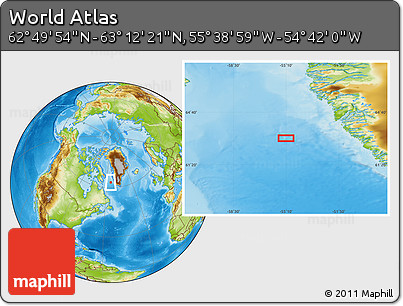 Physical Location Map of the Area around 63° 1' 7" N, 55° 10' 29" W