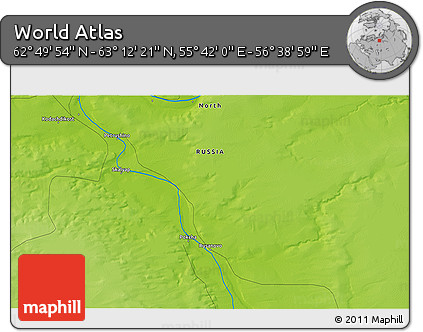 Physical 3D Map of the Area around 63° 1' 7" N, 56° 10' 29" E