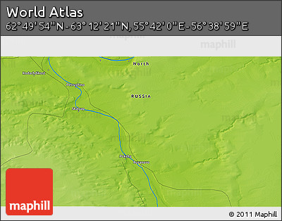 Physical 3D Map of the Area around 63° 1' 7" N, 56° 10' 29" E
