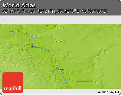 Physical 3D Map of the Area around 63° 1' 7" N, 56° 10' 29" E