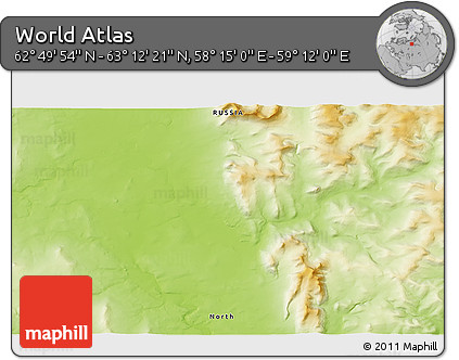 Physical 3D Map of the Area around 63° 1' 7" N, 58° 43' 30" E
