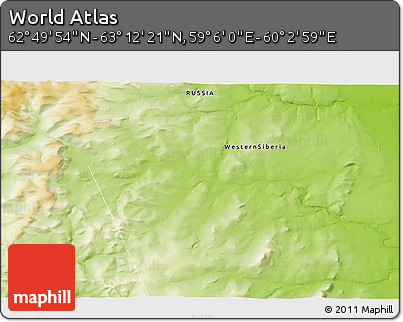 Physical 3D Map of the Area around 63° 1' 7" N, 59° 34' 30" E
