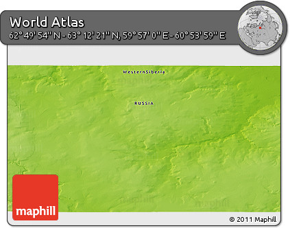Physical 3D Map of the Area around 63° 1' 7" N, 60° 25' 29" E