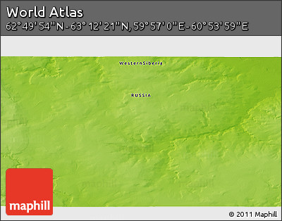 Physical 3D Map of the Area around 63° 1' 7" N, 60° 25' 29" E