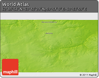 Physical 3D Map of the Area around 63° 1' 7" N, 60° 25' 29" E