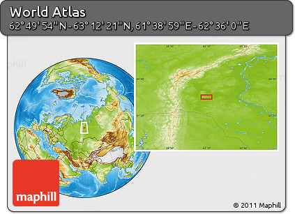 Physical Location Map of the Area around 63° 1' 7" N, 62° 7' 30" E