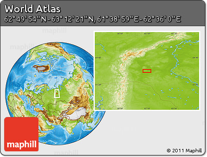 Physical Location Map of the Area around 63° 1' 7" N, 62° 7' 30" E
