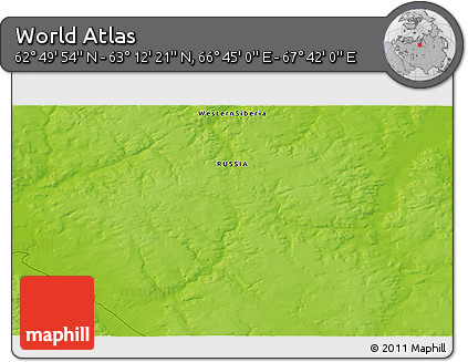 Physical 3D Map of the Area around 63° 1' 7" N, 67° 13' 29" E