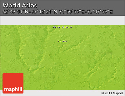 Physical 3D Map of the Area around 63° 1' 7" N, 72° 19' 29" E