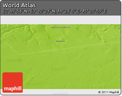 Physical 3D Map of the Area around 63° 1' 7" N, 74° 52' 30" E