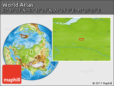 Physical Location Map of the Area around 63° 1' 7" N, 74° 52' 30" E