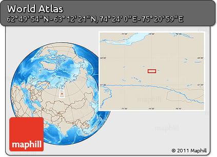 Shaded Relief Location Map of the Area around 63° 1' 7" N, 74° 52' 30" E