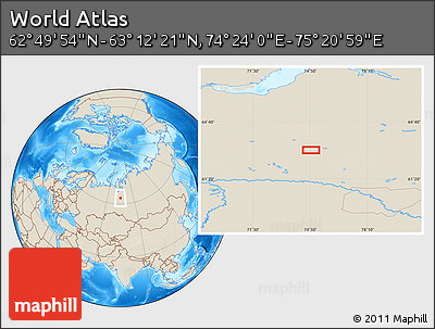 Shaded Relief Location Map of the Area around 63° 1' 7" N, 74° 52' 30" E