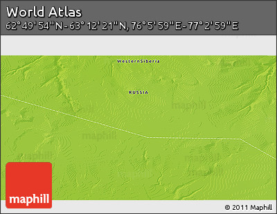 Physical 3D Map of the Area around 63° 1' 7" N, 76° 34' 29" E