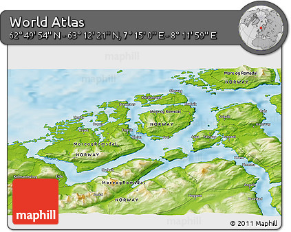 Physical 3D Map of the Area around 63° 1' 7" N, 7° 43' 29" E